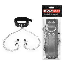 Ошейник из экокожи с регулировкой размера и зажимы на соски с накладками Notabu черный цвет