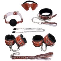 БДСМ набор (маска, ошейник, кляп, зажимы д/сосков, наручники, оковы, плеть) экокожа, цвет коричневый Notabu NTU-80448