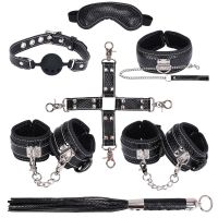 Набор для БДСМ (маска, ошейник, кляп, фиксатор, наручники, оковы, плеть) цвет чёрный