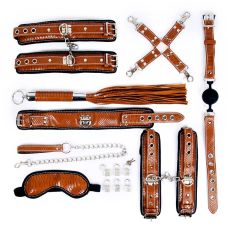 Набор для БДСМ (маска, ошейник, кляп, фиксатор, наручники, оковы, плеть) цвет коричневый