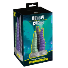 Фалоімітатор на підставці з 3 щупальцями фіолетового зеленого та бузкового кольору Beasty Cocks Triple Tentacle