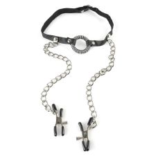 Кляп кольцо в рот с зажимами для сосков черно серебристого цвета Pipedream Fetish Fantasy Series