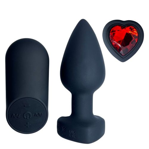 Анальна вібропробка чорна з червоним каменем у формі серця та з пультом Passion Play 28 режимів