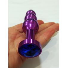 Анальна пробка металева рельєфна фіолетова з синім стразом Anal Jewelry Plugs