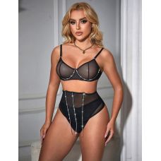 Сексуальний чорний комплект білизни з декоративними стразами та ланцюжками Star Night розмір M