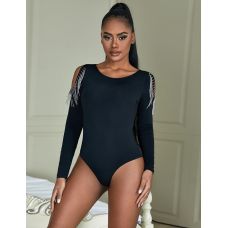 Черный боди с кисточками из цепочек и длинными рукавами Star Night размер L