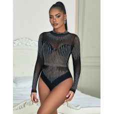Черный сетчатый боди с декоративными стразами и длинными рукавами Star Night размер XL
