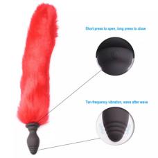 Анальна пробка з вібрацією з хвостом червоного кольору та пультом керування Crystal