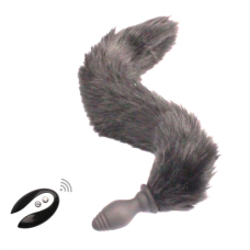 Анальна пробка з вібрацією з хвостом сірого кольору та пультом керування Crystal