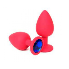 Анальная пробка силиконовая красного цвета с синим кристалом Crystal Sapphire размер S