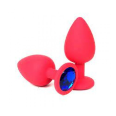 Анальная пробка силиконовая красного цвета с синим кристалом Crystal Sapphire размер M