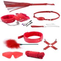 БДСМ-набор из экокожи красный Hision Yours Mistress  10 предметов