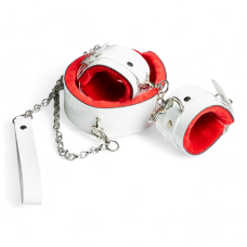 Подарочный набор для фиксации наручники и ошейник с поводком из эко лака белого цвета Flirty Collection