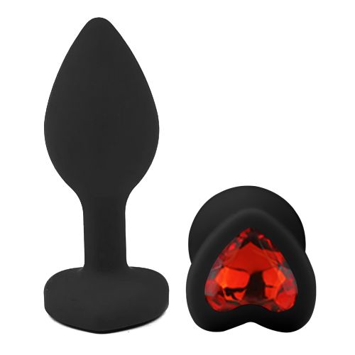 Силиконовая черная анальная пробка с красным кристаллом в форме сердца EGZO Silicone Heart Plug размер S