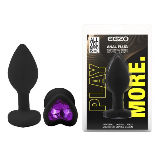 Силіконова чорна анальна пробка з фіолетовим кристалом у формі серця EGZO Silicone Heart Plug розмір S