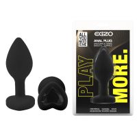 Силиконовая черная анальная пробка с черным кристаллом в форме сердца EGZO Silicone Heart Plug размер S