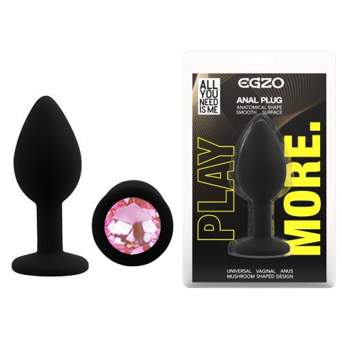Силіконова чорна анальна пробка із рожевим кристалом EGZO Silicone Round Plug розмір S