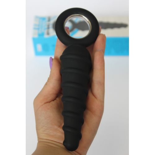 Анальный стимулятор конусовидный ребристый силиконовый SEX EXPERT чёрный L 12 см D 2,4 см 
