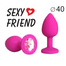 Силіконова анальна пробка кольору фуксія з рожевим стразом Sexy Friend L 95 мм, d 40 мм