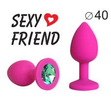 Силіконова анальна пробка кольору фуксія з зеленим стразом Sexy Friend L 95 мм, d 40 мм
