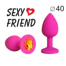 Силіконова анальна пробка кольору фуксія з помаранчевим стразом Sexy Friend L 95 мм, d 40 мм