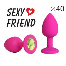 Силіконова анальна пробка кольору фуксія з світло-зеленим стразом Sexy Friend L 95 мм, d 40 мм