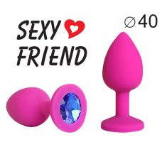 Силіконова анальна пробка кольору фуксія з синім стразом Sexy Friend L 95 мм, d 40 мм