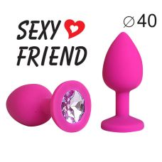 Силіконова анальна пробка кольору фуксія з світло-фіолетовим стразом Sexy Friend L 95 мм, d 40 мм