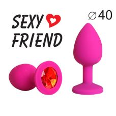Силіконова анальна пробка кольору фуксія з червоним стразом Sexy Friend L 95 мм, d 40 мм