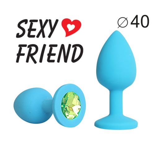 Анальная пробка силиконовая Sexy Friend голубая с светло - зелёным кристаллом L 9,5 см D 4 см