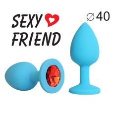 Анальна пробка силіконова Sexy Friend блакитна з червоним кристалом l 9,5 см d 4 см