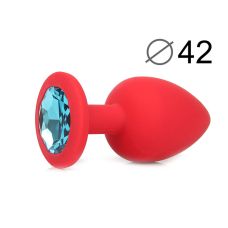 Анальна пробка Червона силіконова L з блакитним кристалом