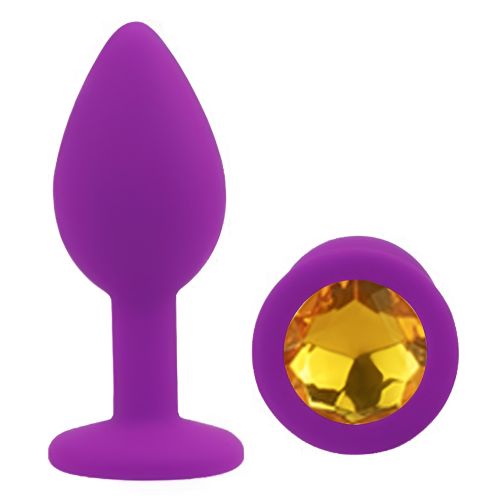 Силиконовая черная анальная пробка с золотистым кристаллом EGZO Silicone Round Plug размер S