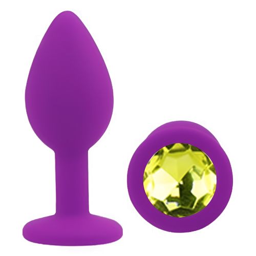 Силиконовая фиолетовая анальная пробка с салатовым кристаллом EGZO Silicone Round Plug размер S
