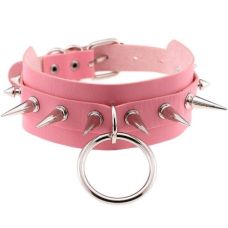 Чокер-ошейник с кольцом и шипами розовый SKN-AS06