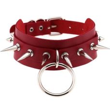 Чокер-ошейник с кольцом и шипами красный SKN-AS06