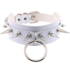 Чокер-ошейник с кольцом и шипами белый SKN-AS06