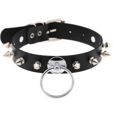 Чокер-ошейник с кольцом и шипами чёрный SKN-AS07