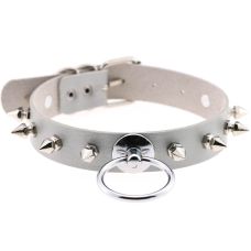 Чокер-ошейник с кольцом и шипами серый SKN-AS07