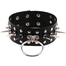 Чокер-ошейник с кольцом и шипами чёрный SKN-AS09
