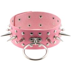 Чокер-ошейник с кольцом и шипами розовый SKN-AS09