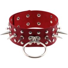Чокер-ошейник с кольцом и шипами красный SKN-AS09