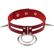 Чокер-ошейник с кольцом и шипами красный SKN-AS15