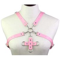 Портупея из искусственной кожи с фиксатором розовая Women's PU Leather Chest Harness Caged Bra