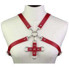 Портупея женская для груди из искусственной кожи с фиксатором красная Womens PU Harness Caged Bra