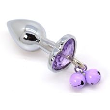 Металева анальна пробка срібляста з бузковим кристалом у вигляді сердечка і дзвіночком SKN розмір S