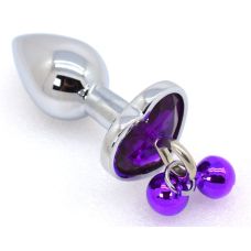Металева анальна пробка срібляста з темно фіолетовим кристалом у вигляді сердечка і дзвіночком SKN розмір S