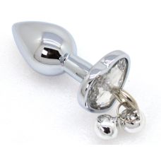 Анальна пробка сталева з безбарвним кристалом у вигляді сердечка і дзвіночком Silver Heart розмір S