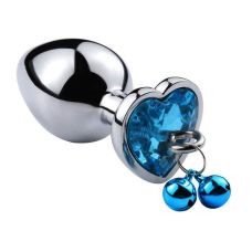 Металева анальна пробка срібляста з блакитним кристалом у вигляді сердечка і дзвіночком SKN розмір S