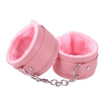 Оковы для рук с мехом виниловые для секса розового цвета SKN-C052